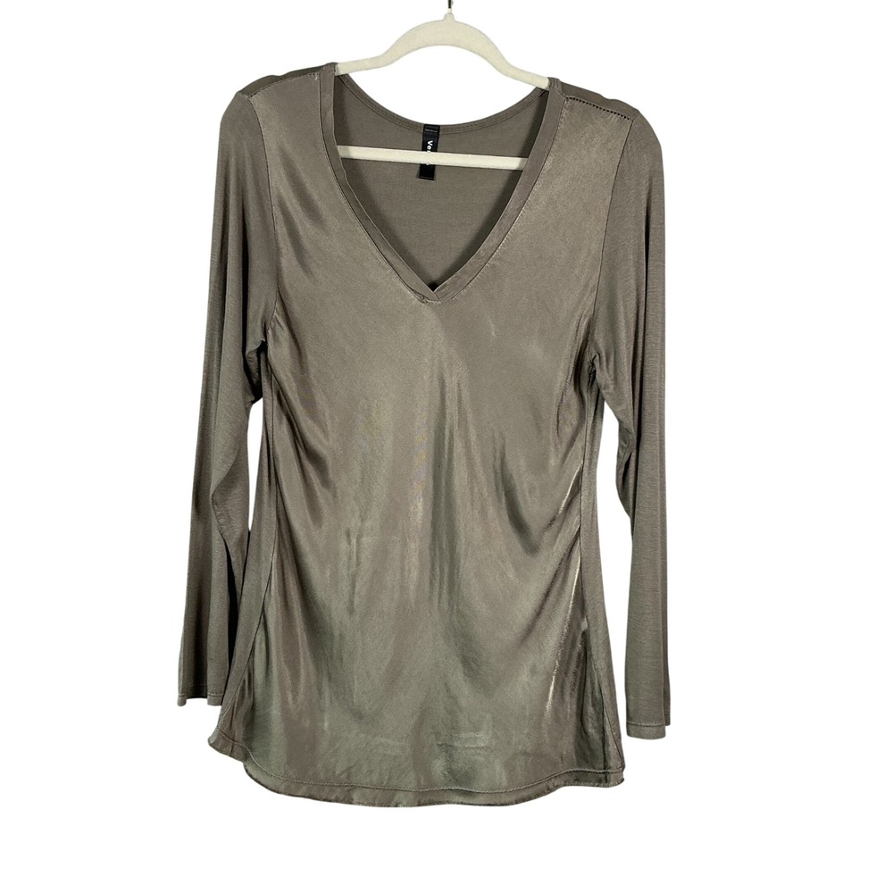 Venti6 Womens Taupe Mixed Media Silky V-Neck Long Sleeve Top Size L 25510M 29